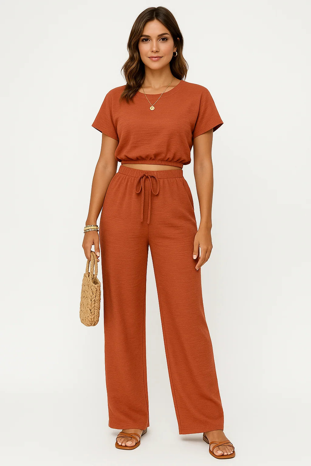 Whitney Collection | Women's Two-Piece Set with Drawstring Waist and Wide Leg Pants | Comfortable Crop Top for Casual Wear 1