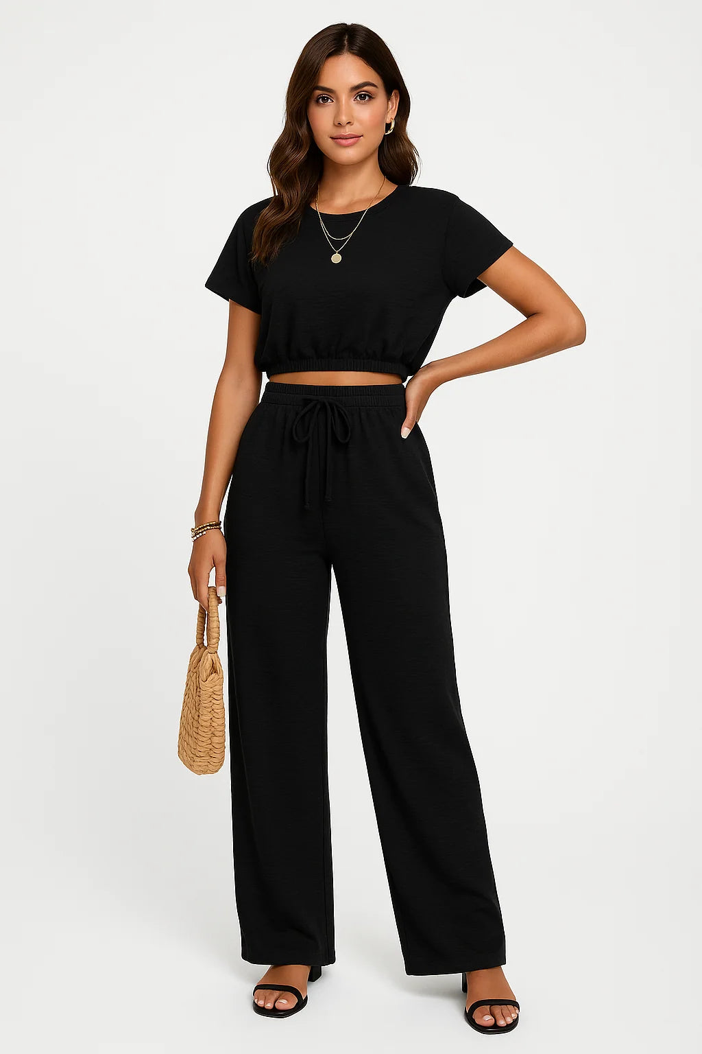 Whitney Collection | Women's Two-Piece Set with Drawstring Waist and Wide Leg Pants | Comfortable Crop Top for Casual Wear 2