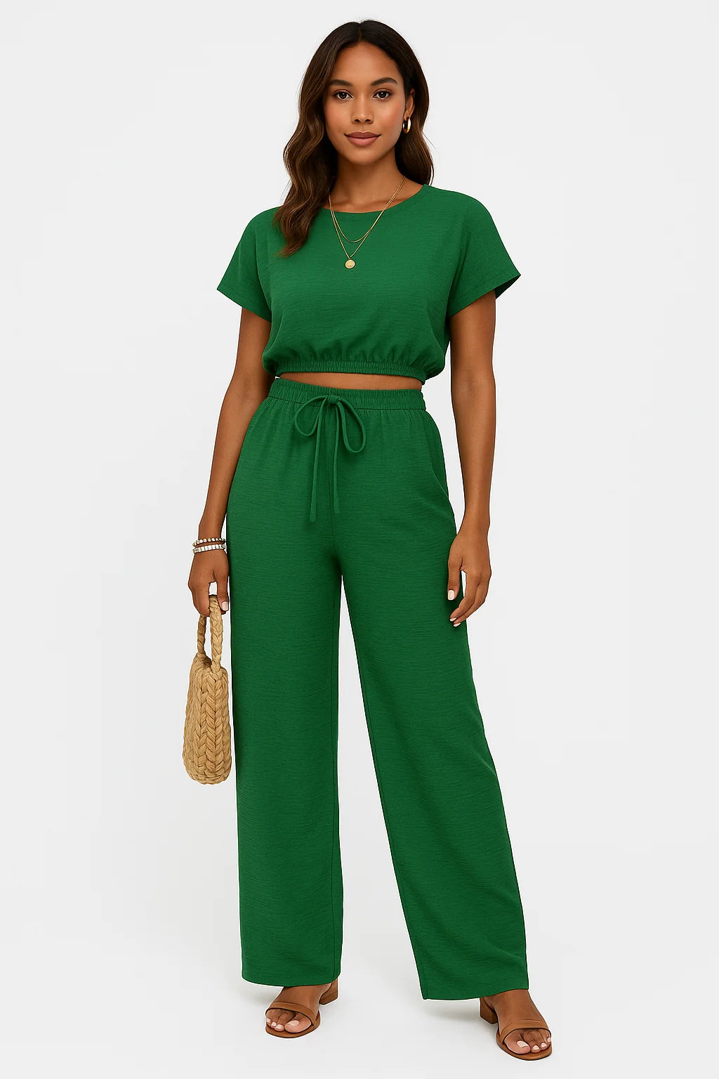 Whitney Collection | Women's Two-Piece Set with Drawstring Waist and Wide Leg Pants | Comfortable Crop Top for Casual Wear 3