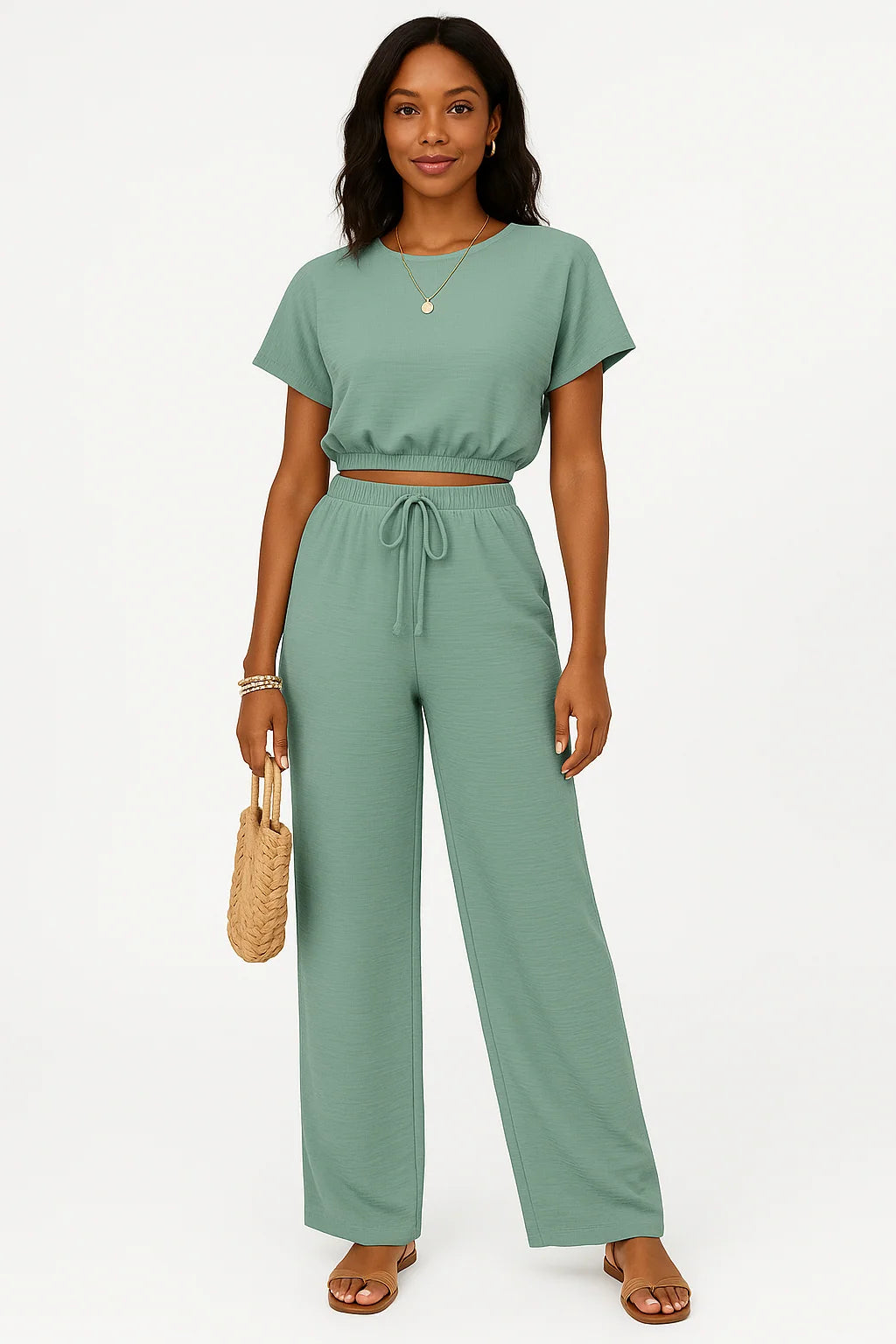 Whitney Collection | Women's Two-Piece Set with Drawstring Waist and Wide Leg Pants | Comfortable Crop Top for Casual Wear 4