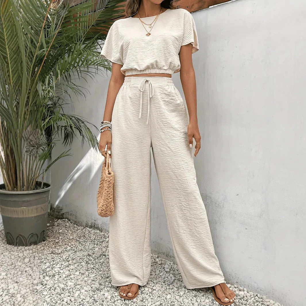 Whitney Collection | Women's Two-Piece Set with Drawstring Waist and Wide Leg Pants | Comfortable Crop Top for Casual Wear 5