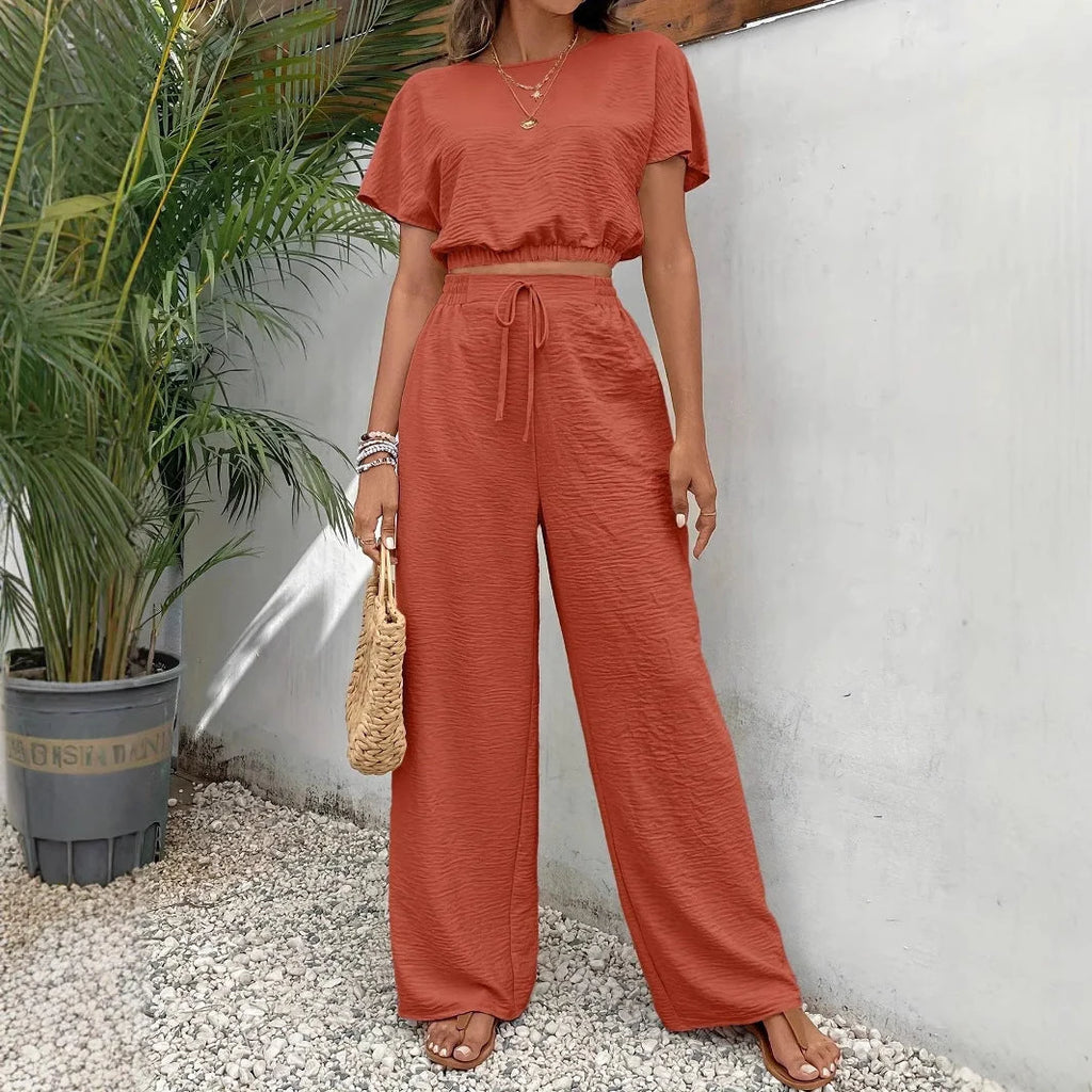 Whitney Collection | Women's Two-Piece Set with Drawstring Waist and Wide Leg Pants | Comfortable Crop Top for Casual Wear 6