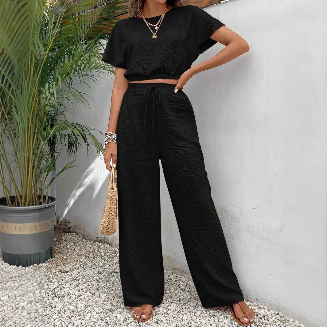 Whitney Collection | Women's Two-Piece Set with Drawstring Waist and Wide Leg Pants | Comfortable Crop Top for Casual Wear 7