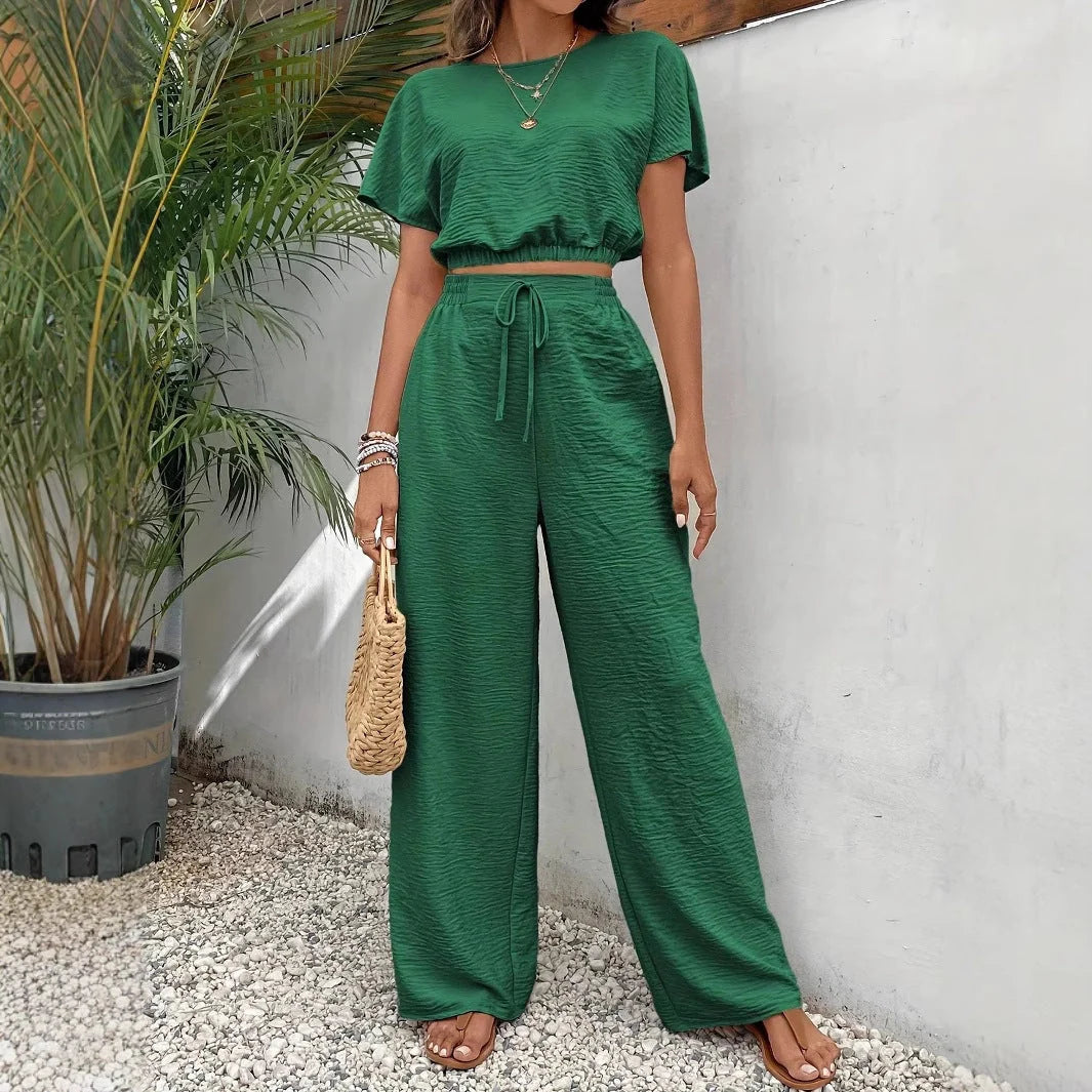 Whitney Collection | Women's Two-Piece Set with Drawstring Waist and Wide Leg Pants | Comfortable Crop Top for Casual Wear 8
