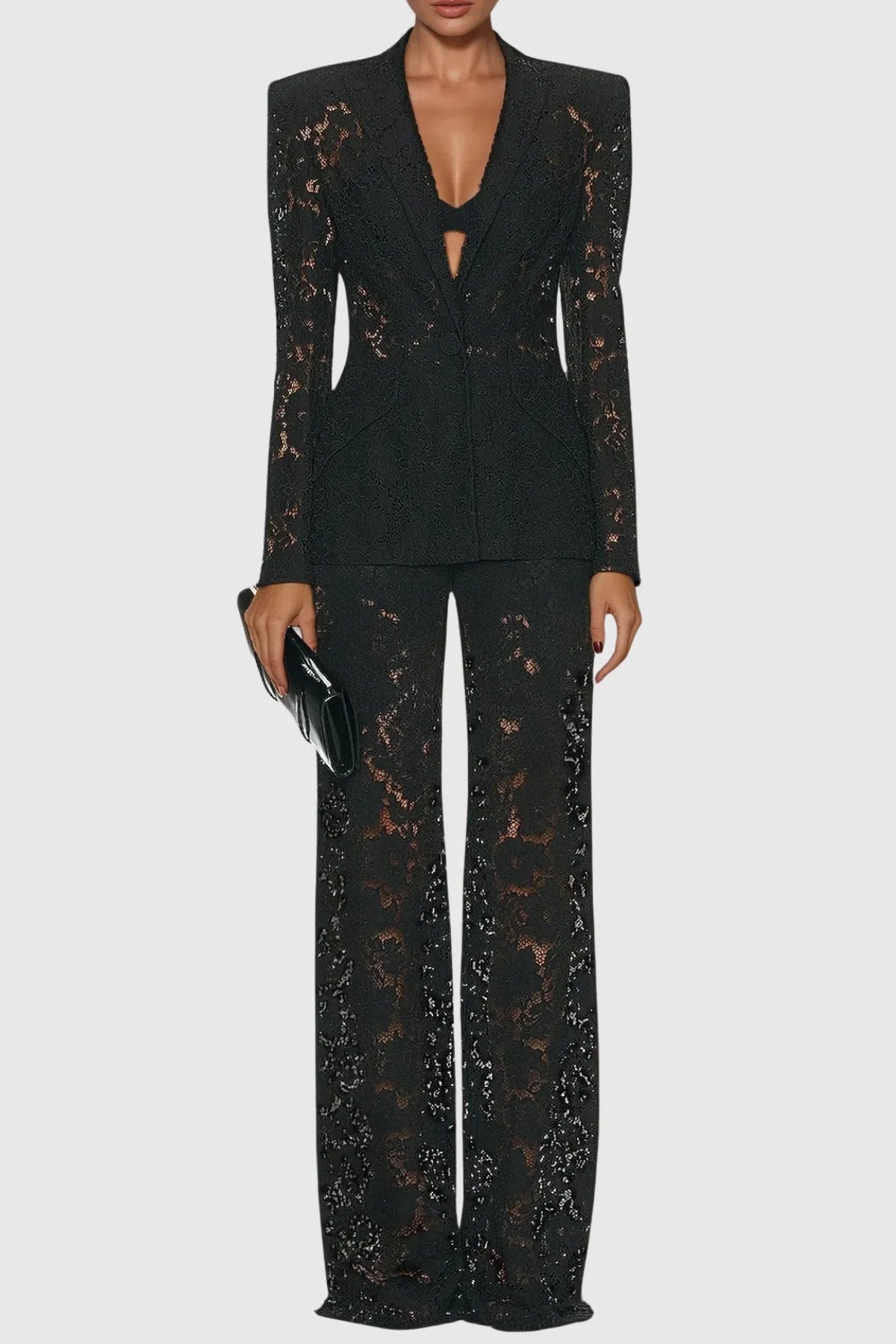 Women's Floral Lace Trouser Suit | Elegant Tailored Evening Pantsuit 1